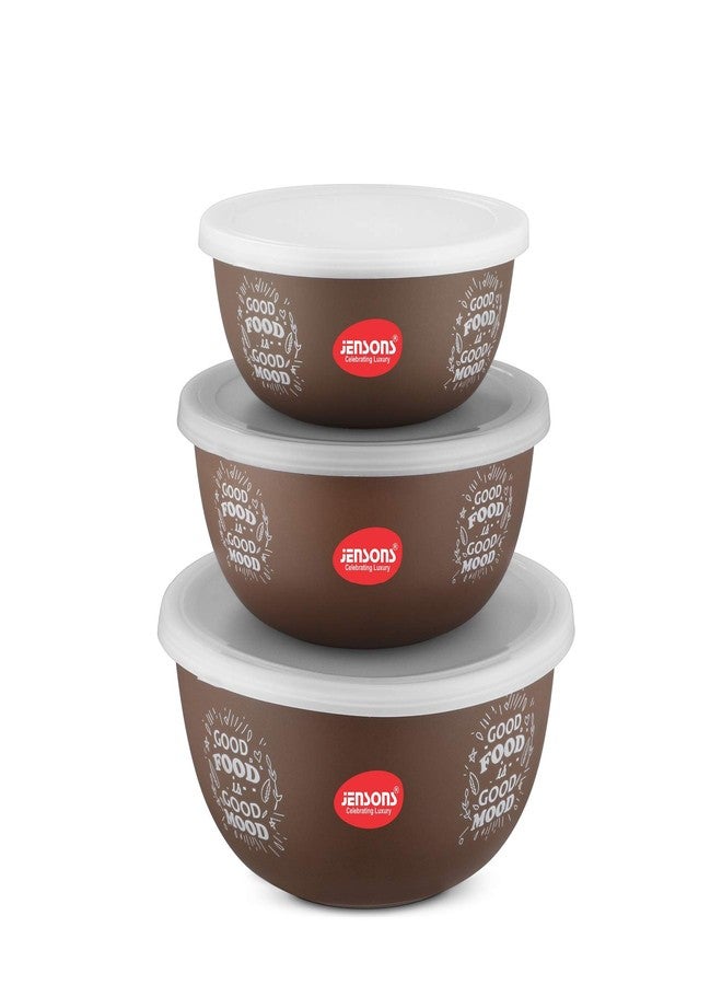 JENSONS Stainless Steel Microwave Safe Floral Bowl Set with Lid (Brown) - 3 Pcs - Image 1
